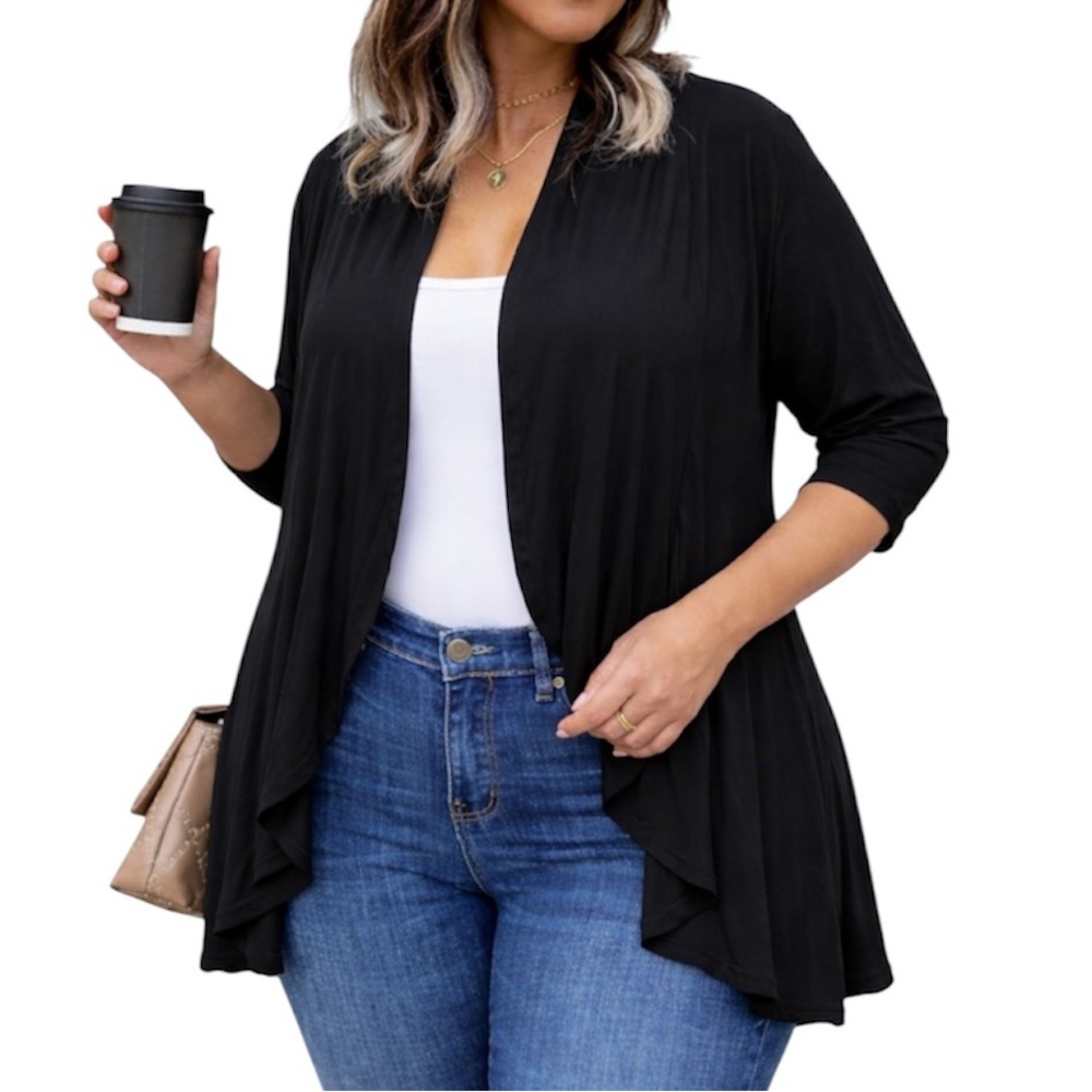 Zeagoo black plus stretch ruffle hem open drape waterfall cardigan size XXXL